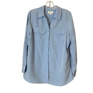 Denim & Co Roll Tab Sleeve Button Front Soft Utility Blouse Blue Size Medium